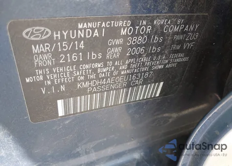 2014 Hyundai Elantra Se from USA, damaged, VIN KMHDH4AE0EU163187